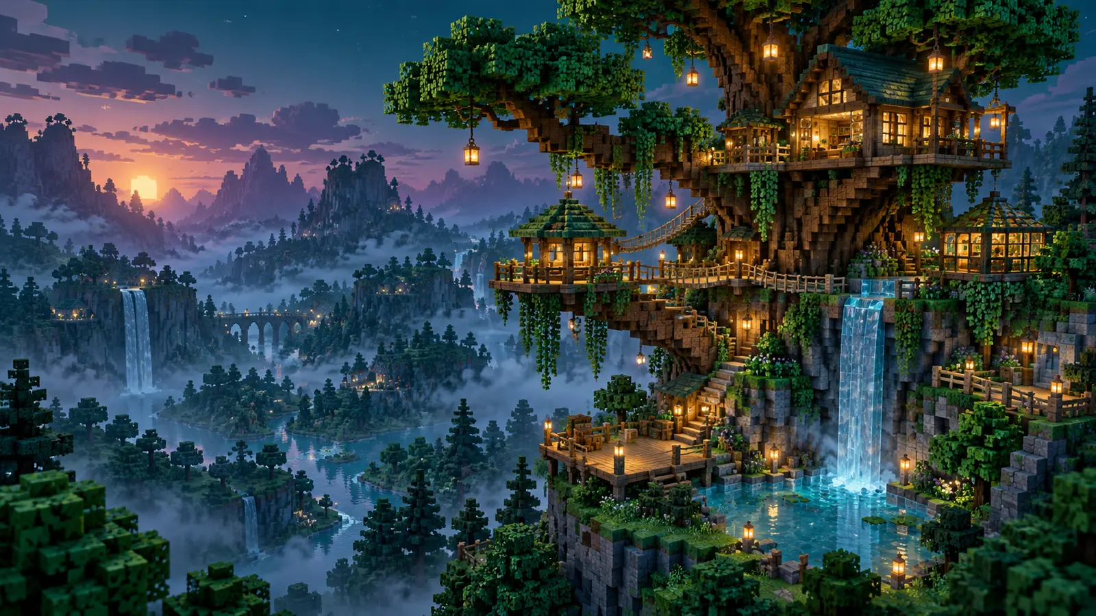 Fantasy treehouse with bridges, lanterns and waterfalls