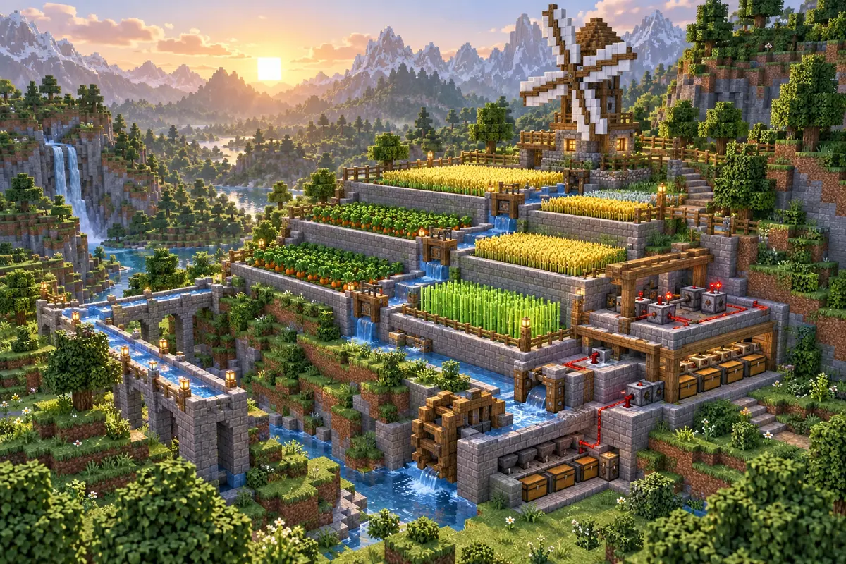 Functional terraced crop farm with irrigation system